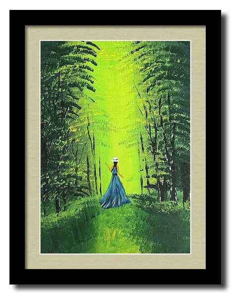 An acrylic painting framed print of a girl in a blue dress and a white hat stands in a vibrant green forest clearing, her back to the viewer. 