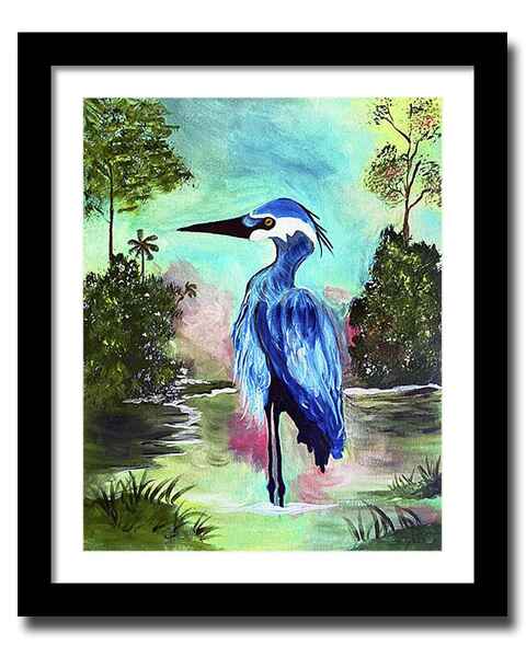 An acrylic painting framed print of a vibrant blue heron stands at the center, poised elegantly with its long beak pointing upwards.