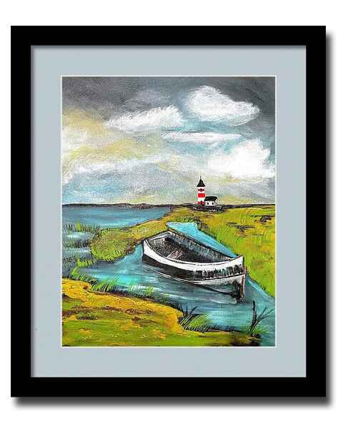 An acrylic painting framed print of a colorful scene features a wooden boat resting near the bank of a winding river