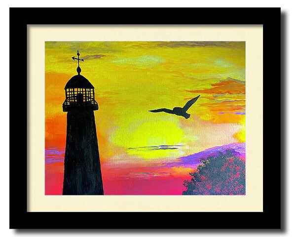 An acrylic painting framed print of a vibrant sunset casting warm hues over a serene seascape