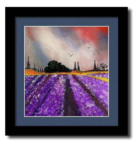 An acrylic painting framed print of vibrant rows of purple lavender flowers stretches toward the horizon
