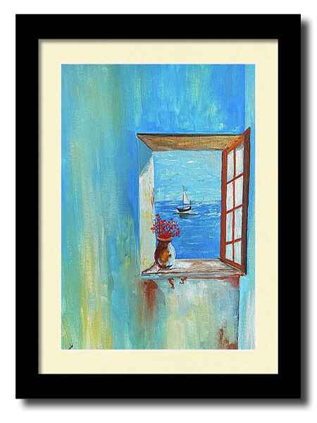An acrylic painting framed print of a sailboat drifting peacefully on a serene sea seen through an open window with a potted plant placed on the sill.