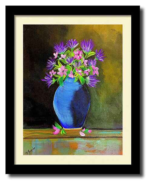 Vase of Clover An acrylic painting canvas print of a vibrant bouquet of purple and pink clover flowers are arranged in a deep blue vase framed print