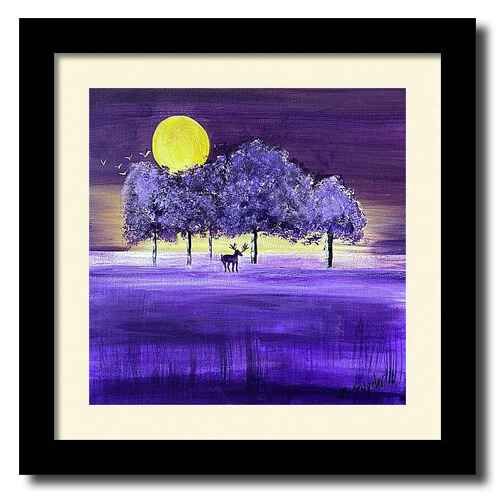 An acrylic painting framed print of a serene landscape features a row of trees under a large, bright full moon, with a lone moose standing elegantly in the foreground. 