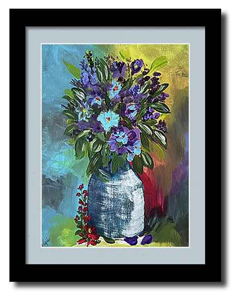 An acrylic painting framed print of a vibrant bouquet of purple and blue flowers is arranged in a blue vase, set against a colorful, abstract background. 