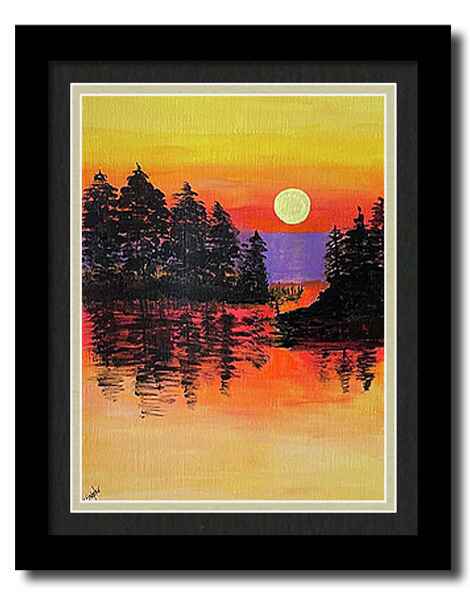 An acrylic painting framed print of a vibrant sunset scene features a glowing sun setting over a serene lake