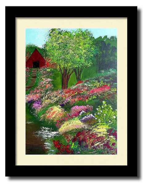 An acrylic painting framed print of vivid colors bring a lush botanical garden to life, with a variety of flowers blossoming along a meandering path.  