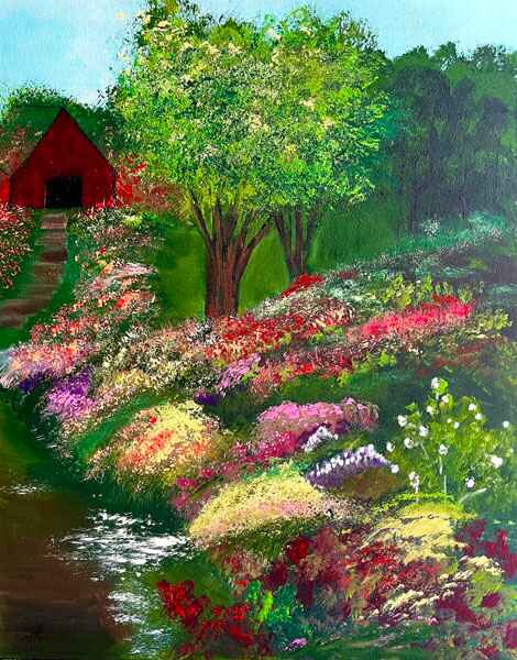 An acrylic painting of vivid colors bring a lush botanical garden to life, with a variety of flowers blossoming along a meandering path. 