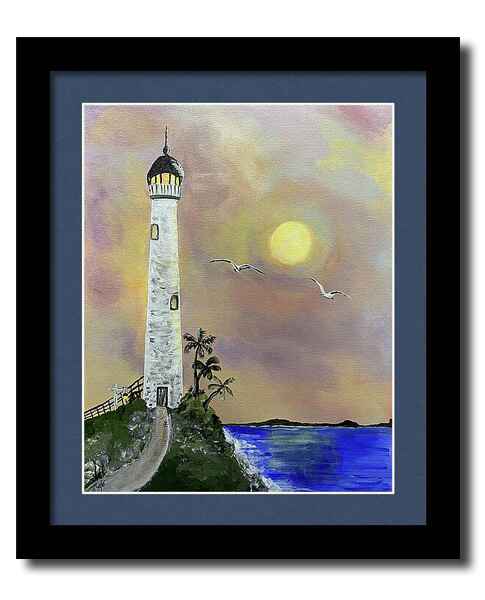 An acrylic painting framed print of a tall lighthouse stands on a rocky cliff overlooking the ocean, surrounded by palm trees. 
