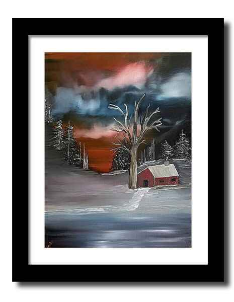An oil painting framed print of a solitary country barn with a red exterior stands amidst a snowy landscape with an ice-covered pond in the foreground, accompanied by a bare tree. 