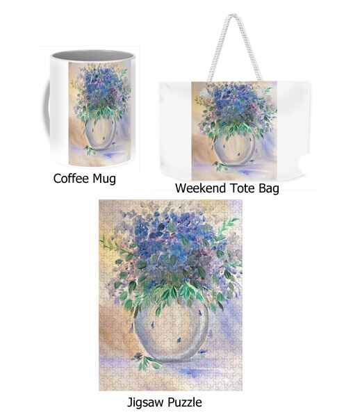 An oil painting of a large bouquet of blue and purple violet flowers with green leaves fills a rounded vase. other art