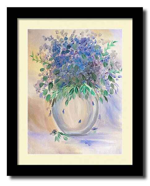 An oil painting framed print of a large bouquet of blue and purple violet flowers with green leaves fills a rounded vase.