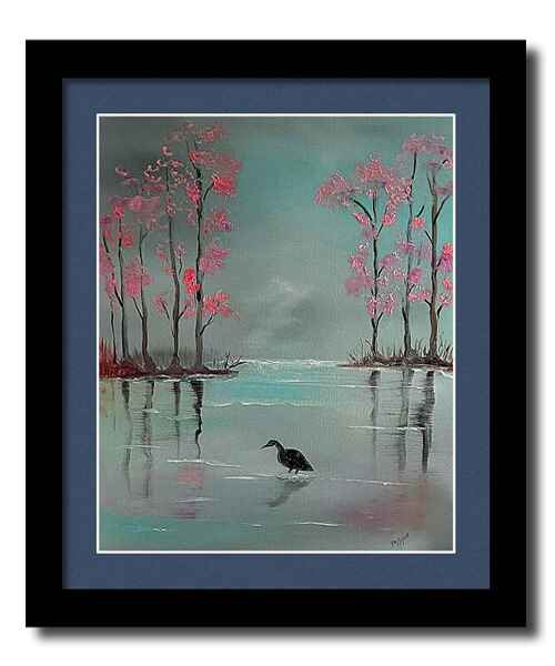 An oil painting framed print of a serene landscape features cherry blossom trees with pink foliage lining both sides of a calm body of water. 