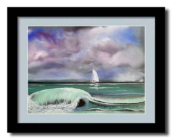 An oil painting framed print of a serene seascape shows tumultuous waves crashing in the foreground while a sailboat glides peacefully in the distance under a cloudy sky.