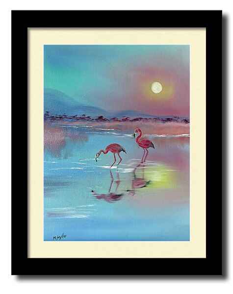 An oil painting framed print of two flamingos standing gracefully in shallow water, their reflections mirrored on the surface.