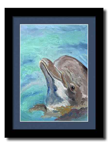 An oil painting framed print of a dolphin emerging from a vibrant blue-green ocean, showcasing its sleek, curved head.