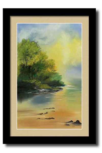 An oil painting framed print of lush green trees bordering a serene secret lake, with gentle waves lapping at the sandy shore.