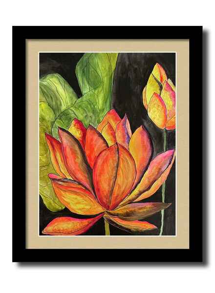 A watercolor painting framed print with vibrant colors brings a lotus flower to life against a dark background