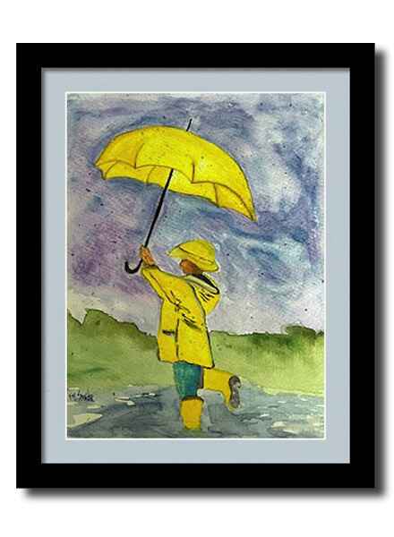 A watercolor painting framed print of a child in a yellow raincoat and rain boots is jumping in a puddle while holding onto a yellow umbrella.