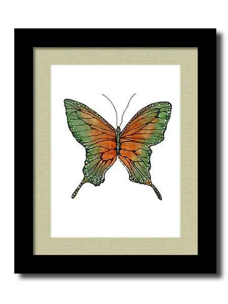 A watercolor painting framed print of a vividly colored butterfly with wings in shades of green and orange
