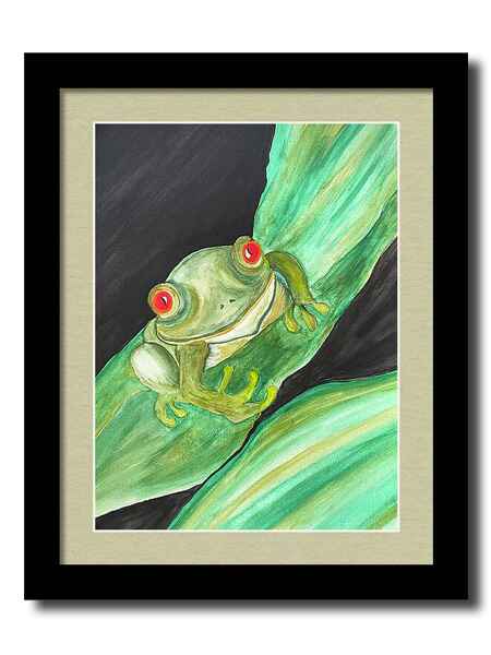 A watercolor painting framed print of a vibrant green tree frog with striking red eyes clings to a large leaf