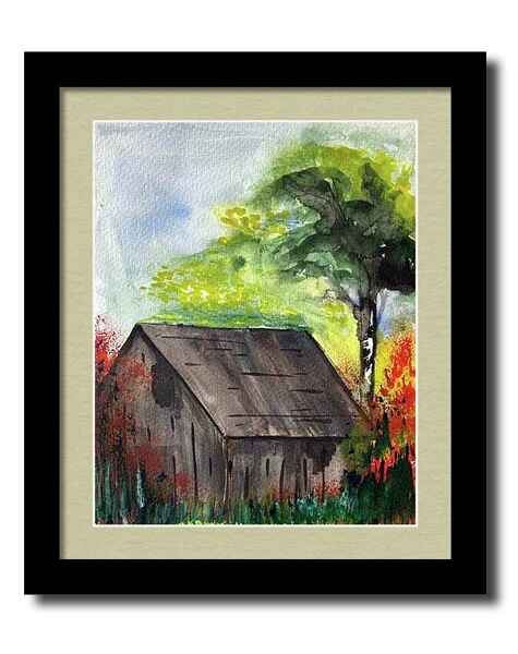 A watercolor painting framed print of a rustic wooden brown barn is nestled among vibrant greenery