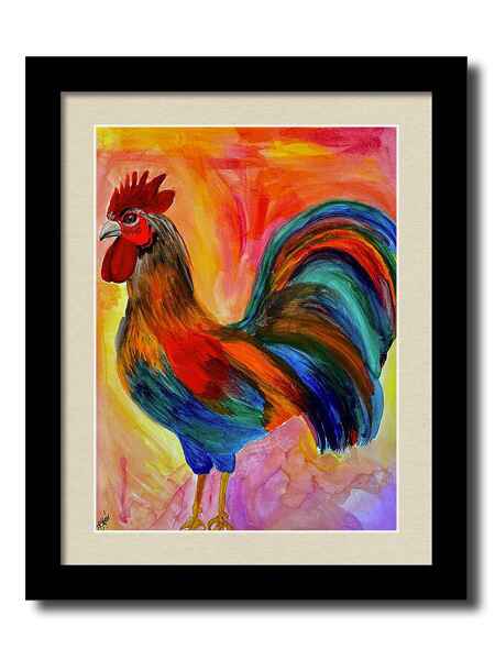 A watercolor painting framed print of a vibrant depiction of a rooster is presented with a rich palette of colors against an abstract background.