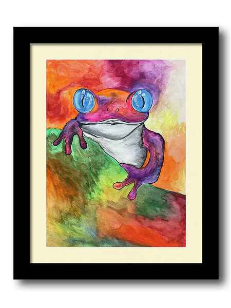 A watercolor painting framed print of a colorful tree frog with bright blue eyes sits on a vibrant, green surface