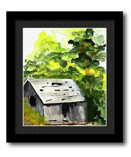 A watercolor painting framed print of a rustic weathered shed is surrounded by lush green foliage and bathed in sunlight.