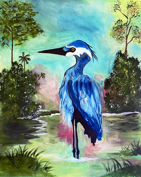 An acrylic painting of a vibrant blue heron stands at the center, poised elegantly with its long beak pointing upwards.