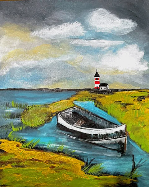 An acrylic painting of a colorful scene features a wooden boat resting near the bank of a winding river