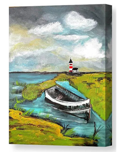 An acrylic painting canvas print of a colorful scene features a wooden boat resting near the bank of a winding river