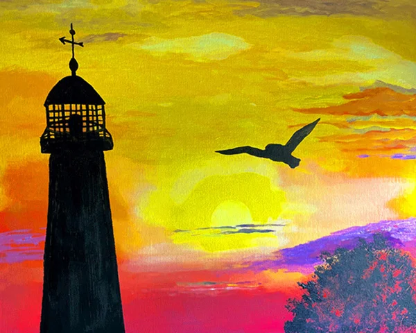 An acrylic painting of a vibrant sunset casting warm hues over a serene seascape