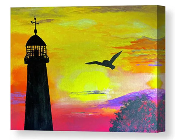 An acrylic painting canvas print of a vibrant sunset casting warm hues over a serene seascape