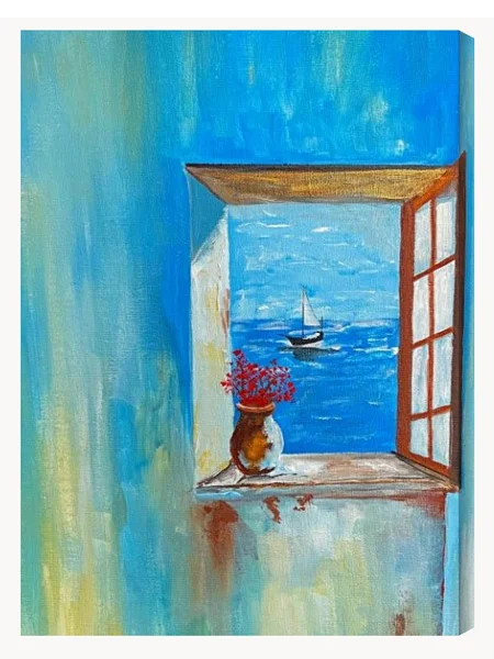 An acrylic painting canvas print of a sailboat drifting peacefully on a serene sea seen through an open window with a potted plant placed on the sill