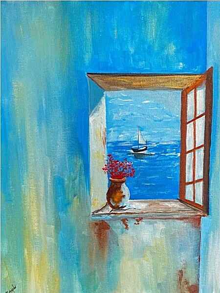 An acrylic painting of a sailboat drifting peacefully on a serene sea seen through an open window with a potted plant placed on the sill