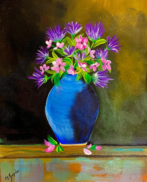 Vase of Clover An acrylic painting of a vibrant bouquet of purple and pink clover flowers are arranged in a deep blue vase