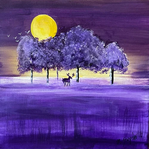 An acrylic painting of a serene landscape features a row of trees under a large, bright full moon, with a lone moose standing elegantly in the foreground. 
