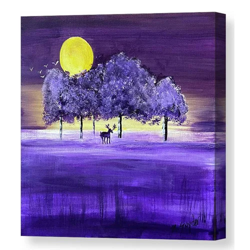 An acrylic painting canvas print of a serene landscape features a row of trees under a large, bright full moon, with a lone moose standing elegantly in the foreground. 
