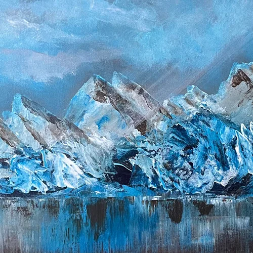 An acrylic painting of a serene depiction of icy mountains and glaciers is captured in shades of blue, reflecting calm waters below. 