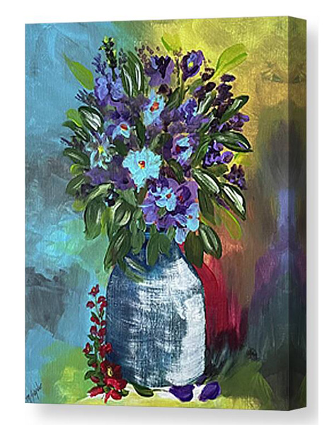 An acrylic painting canvas print of a vibrant bouquet of purple and blue flowers is arranged in a blue vase, set against a colorful, abstract background. 