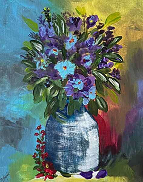An acrylic painting of a vibrant bouquet of purple and blue flowers is arranged in a blue vase, set against a colorful, abstract background. 