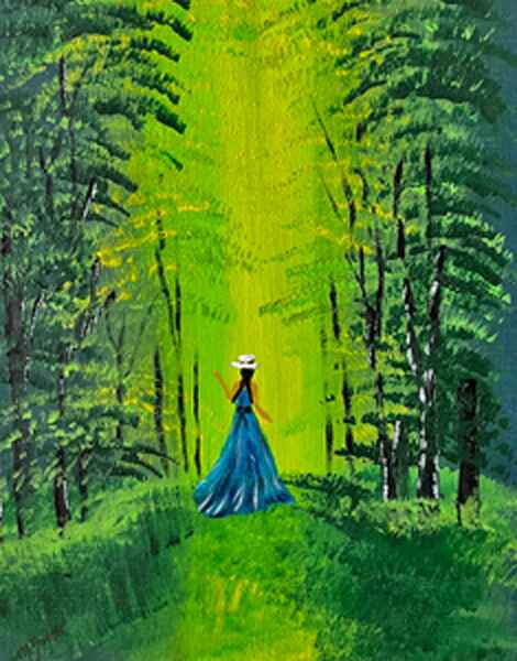 An acrylic painting of a girl in a blue dress and a white hat stands in a vibrant green forest clearing, her back to the viewer. 