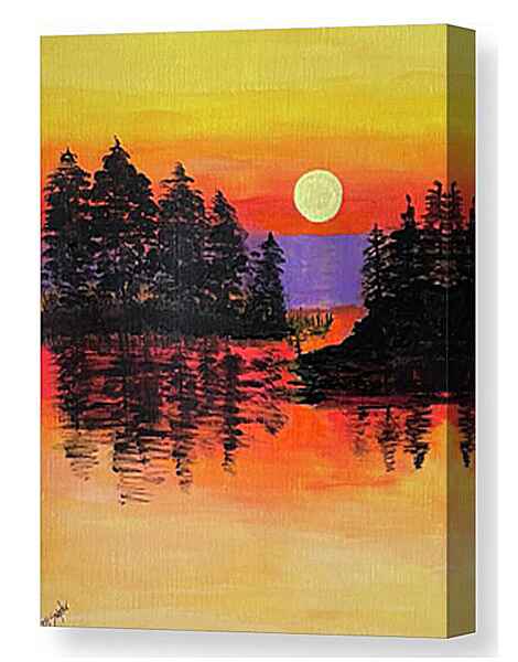 An acrylic painting canvas print of a vibrant sunset scene features a glowing sun setting over a serene lake