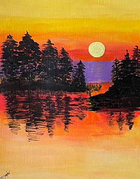 An acrylic painting of a vibrant sunset scene features a glowing sun setting over a serene lake