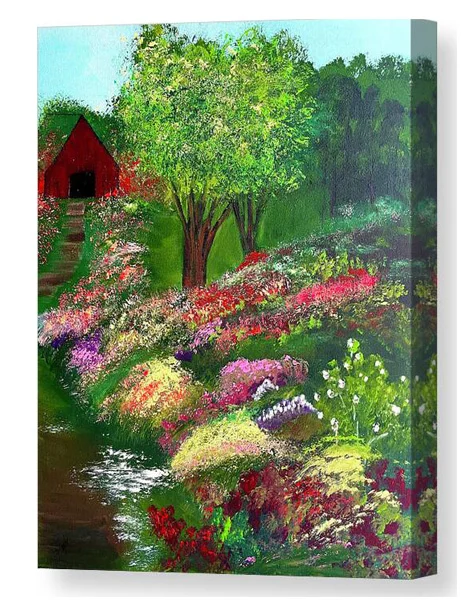 An acrylic painting canvas print of vivid colors bring a lush botanical garden to life, with a variety of flowers blossoming along a meandering path.  