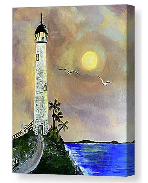 An acrylic painting canvas print of a tall lighthouse stands on a rocky cliff overlooking the ocean, surrounded by palm trees. 