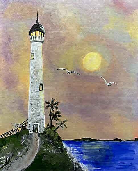 An acrylic painting of a tall lighthouse stands on a rocky cliff overlooking the ocean, surrounded by palm trees. 