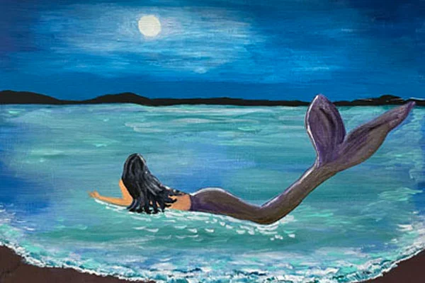 An acrylic painting of a mermaid with long dark hair lies on the shore, gazing at the full moon in a tranquil night sky. 