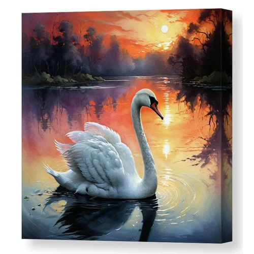 Digital artwork canvas print of a graceful swan with outstretched wings glides across calm water
